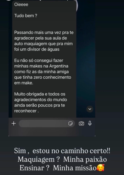 Mensagem de aluna agradecendo pela aula de automaquiagem